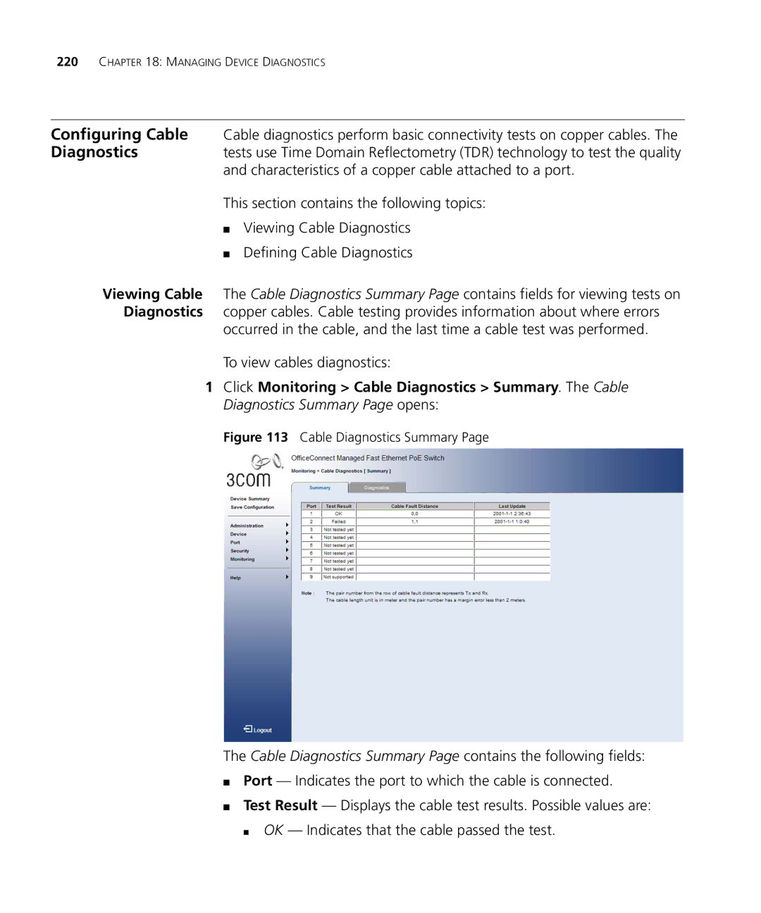 3Com 3CRDSF9PWR manual To view cables diagnostics, Cable Diagnostics Summary 