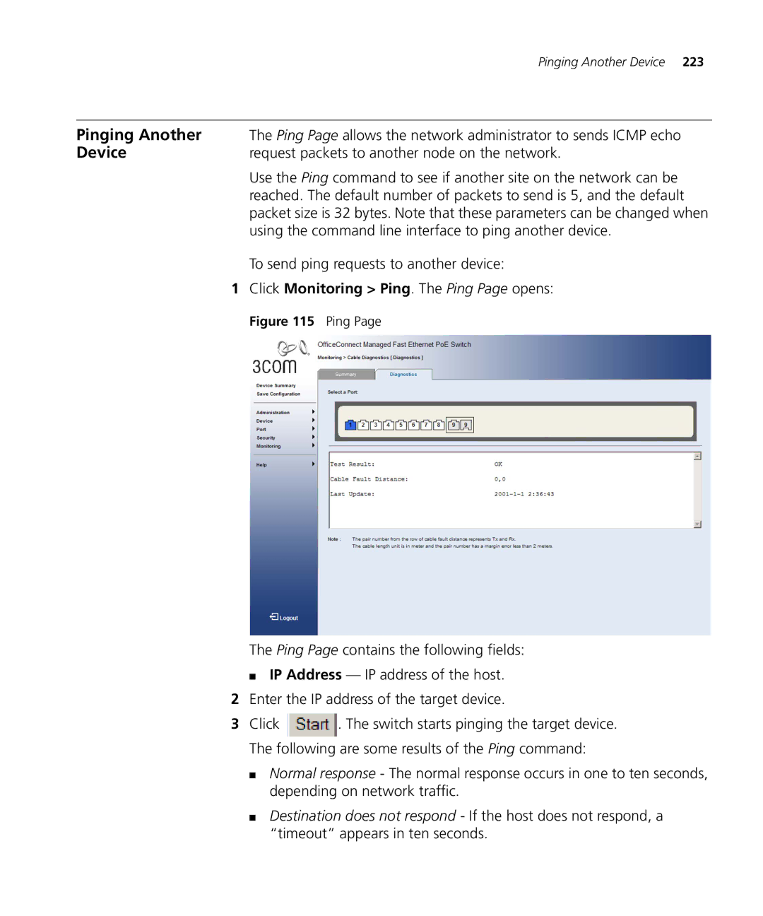 3Com 3CRDSF9PWR manual Pinging Another, Request packets to another node on the network 