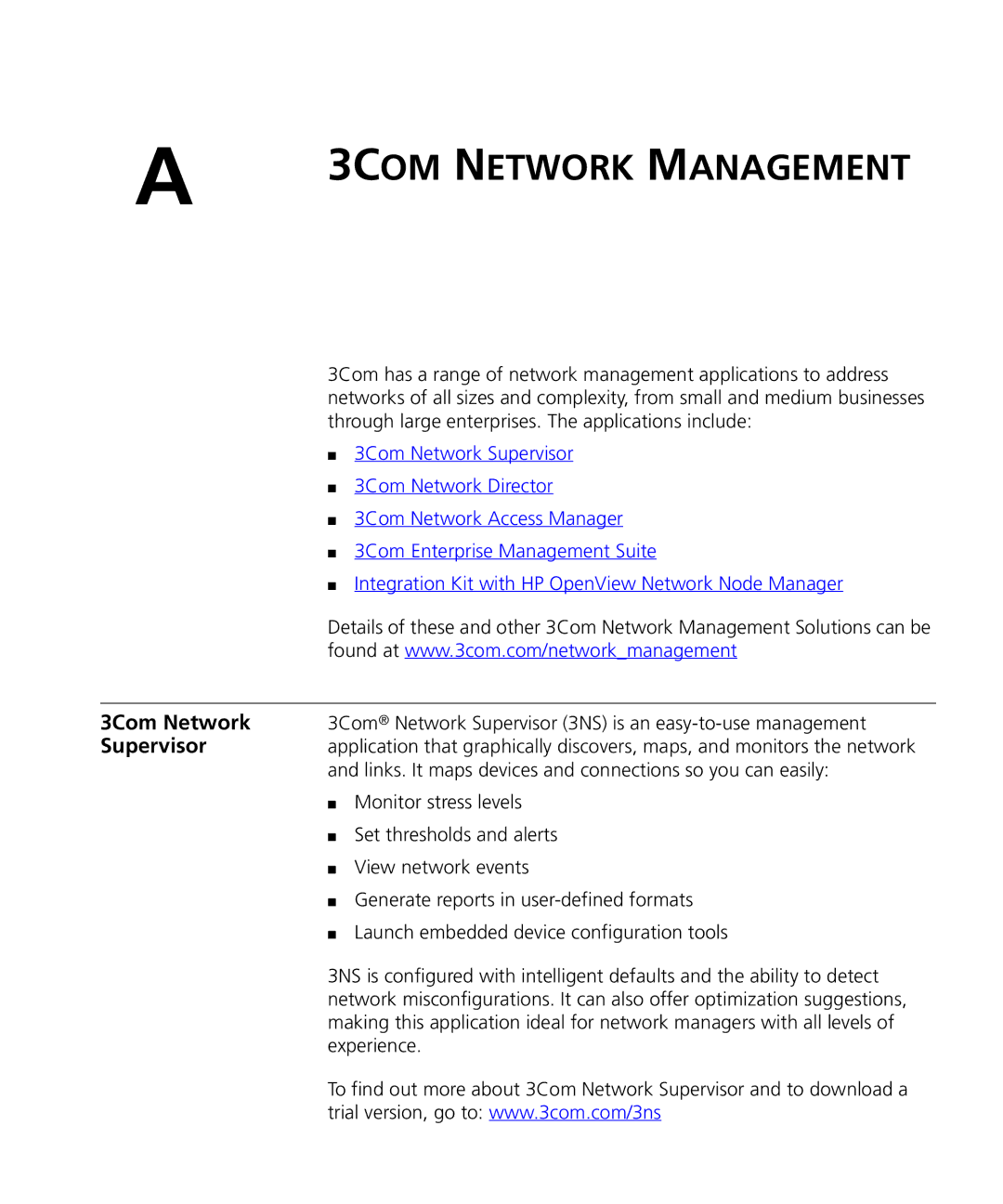 3Com 3CRDSF9PWR manual 3Com Network, Supervisor 