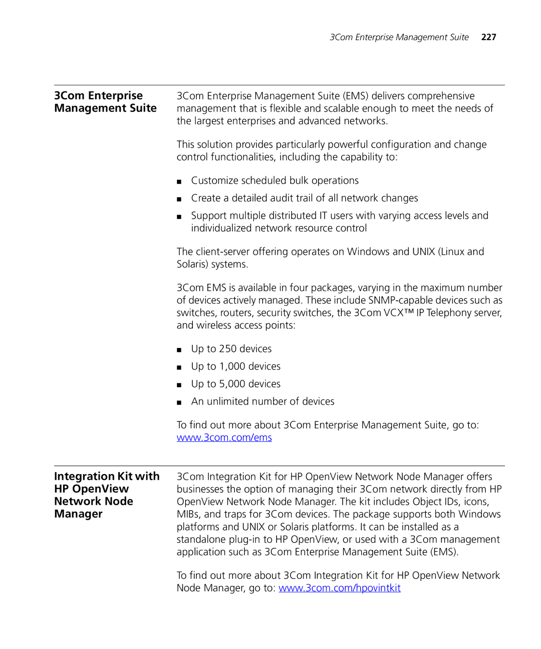 3Com 3CRDSF9PWR manual HP OpenView, Network Node, Manager, Application such as 3Com Enterprise Management Suite EMS 