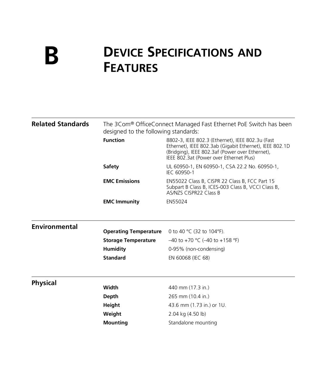 3Com 3CRDSF9PWR manual Environmental, Physical 