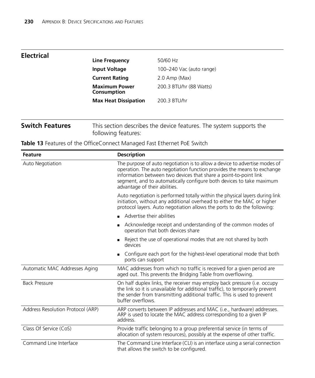 3Com 3CRDSF9PWR manual Electrical, Feature Description 