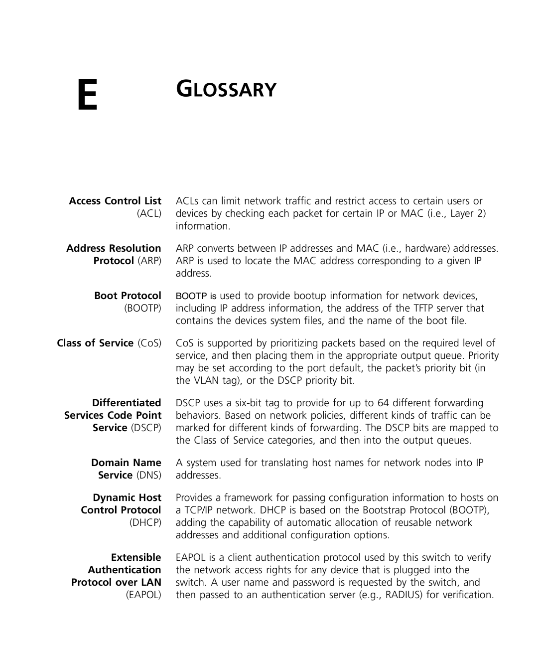 3Com 3CRDSF9PWR manual Access Control List, Address Resolution, Protocol ARP, Boot Protocol, Differentiated, Service Dscp 
