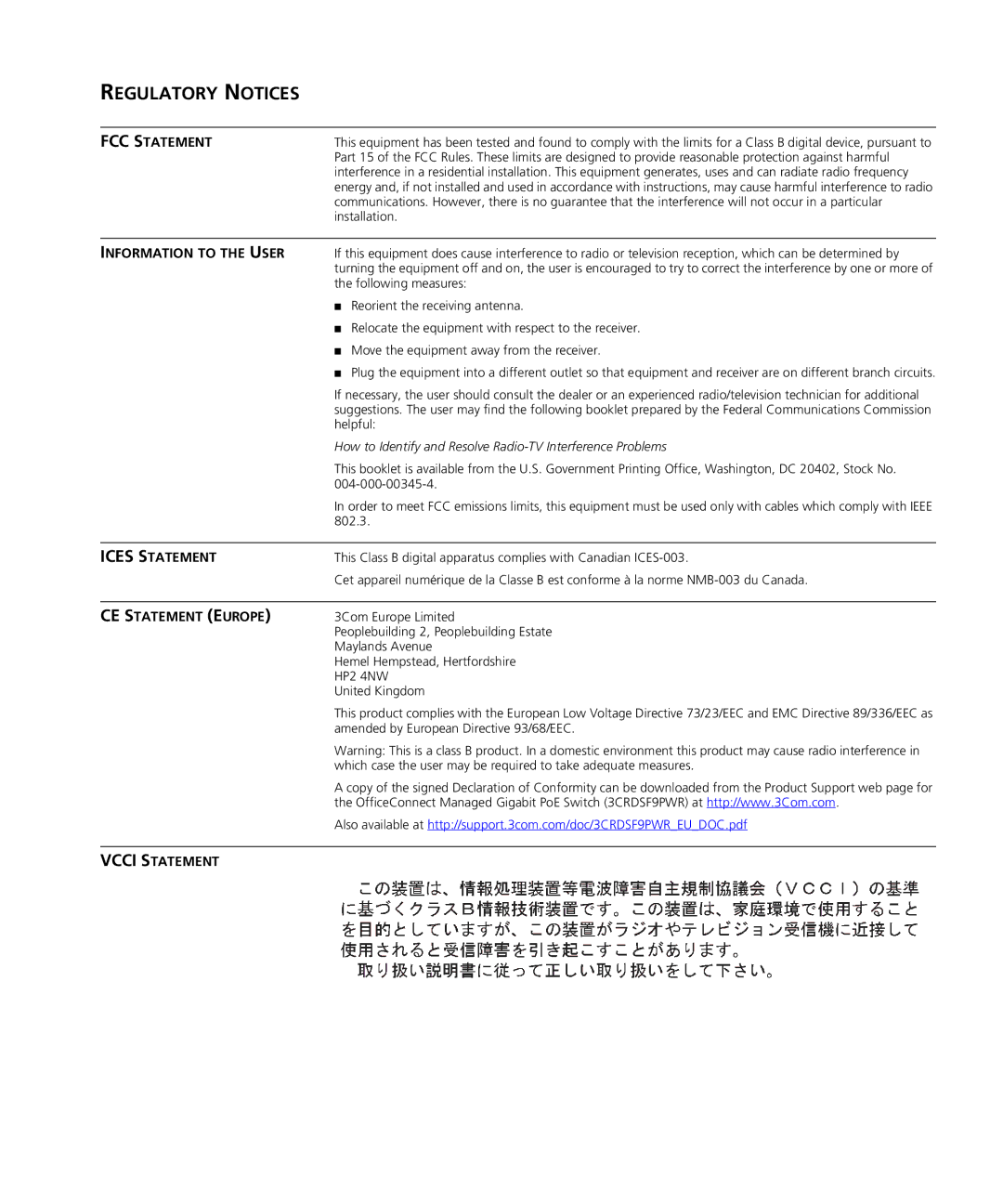 3Com 3CRDSF9PWR manual Regulatory Notices 