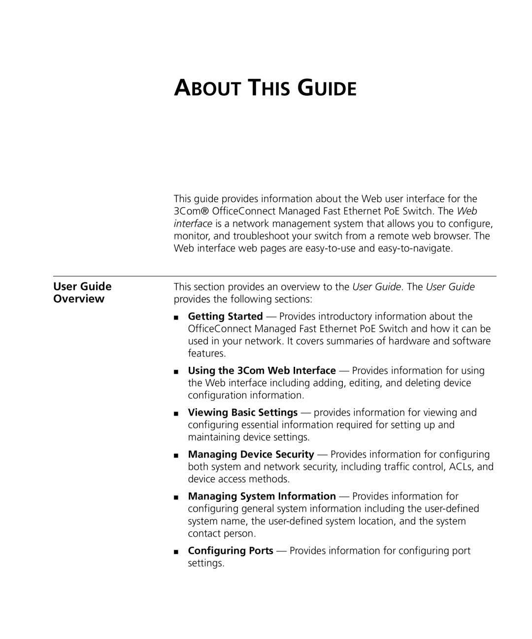 3Com 3CRDSF9PWR manual User Guide, Overview, Managing System Information Provides information for 