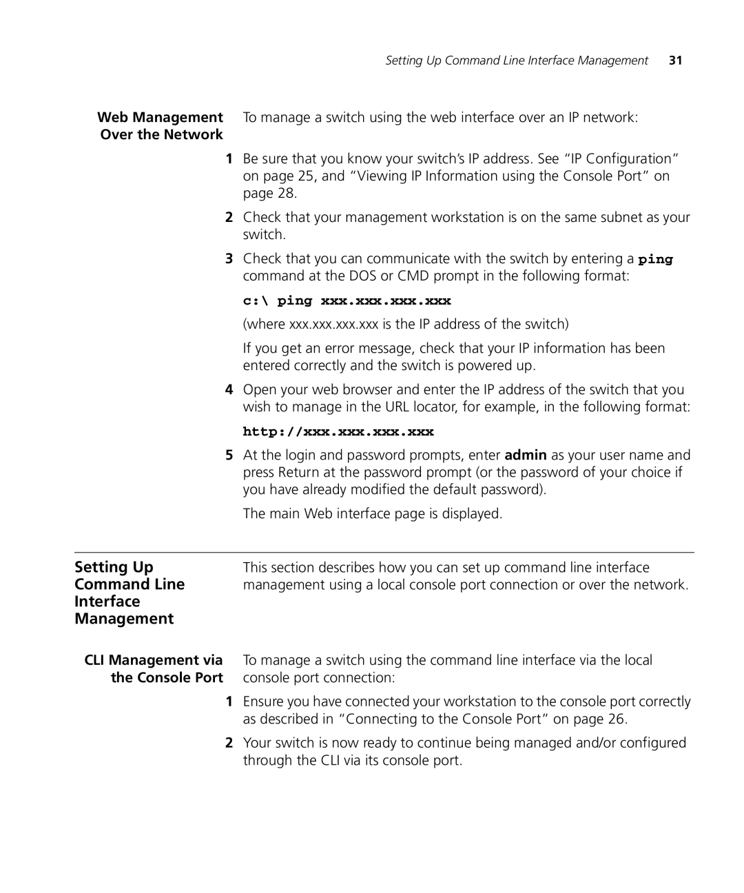 3Com 3CRDSF9PWR manual Setting Up, Command Line, Interface Management, Over the Network 