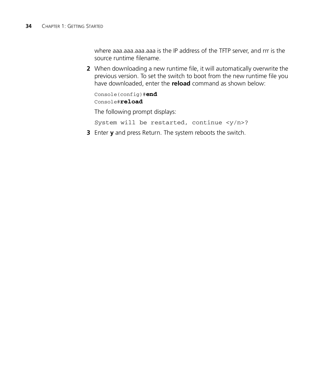 3Com 3CRDSF9PWR manual Following prompt displays, Enter y and press Return. The system reboots the switch 