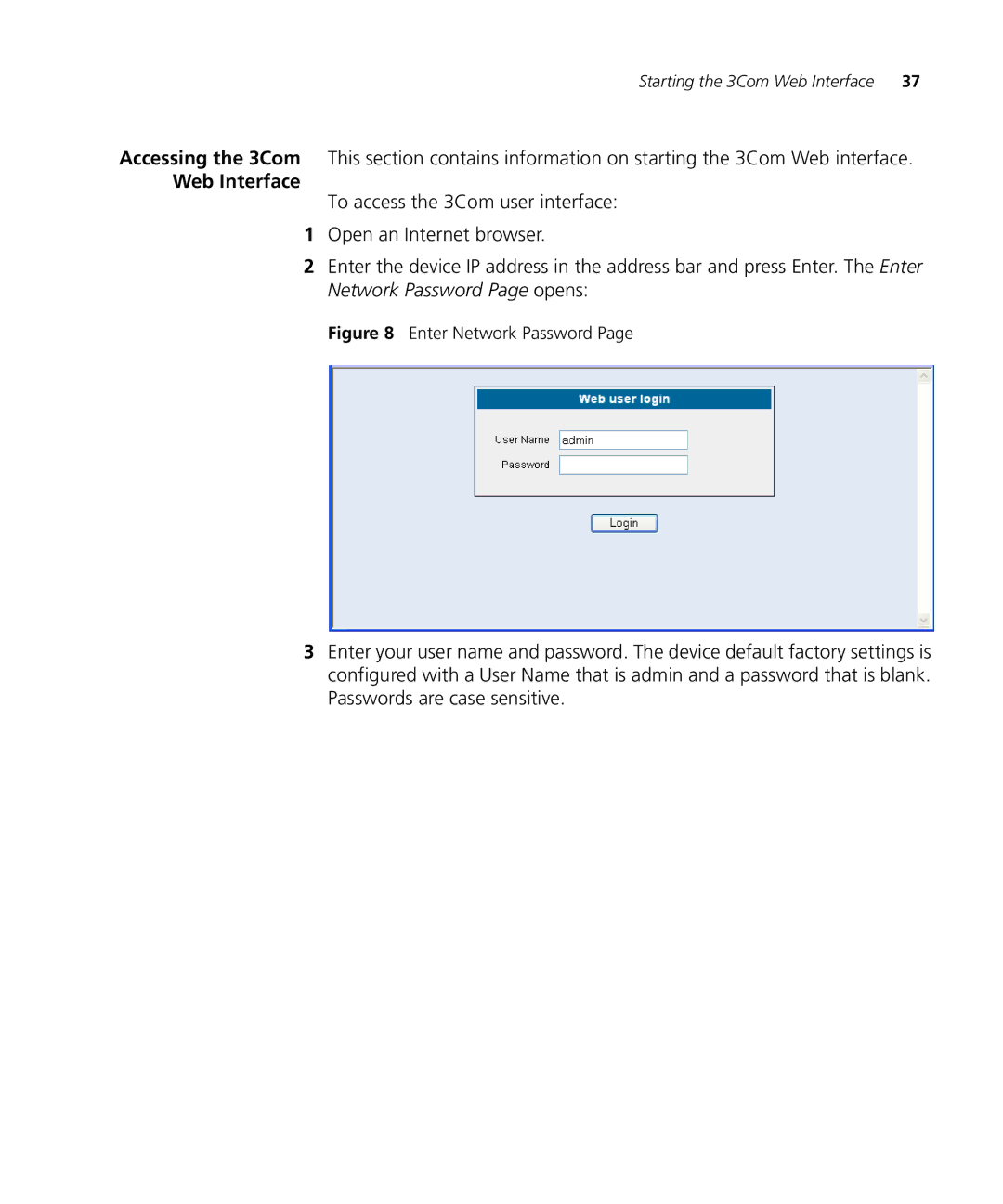 3Com 3CRDSF9PWR manual Web Interface, Enter Network Password 