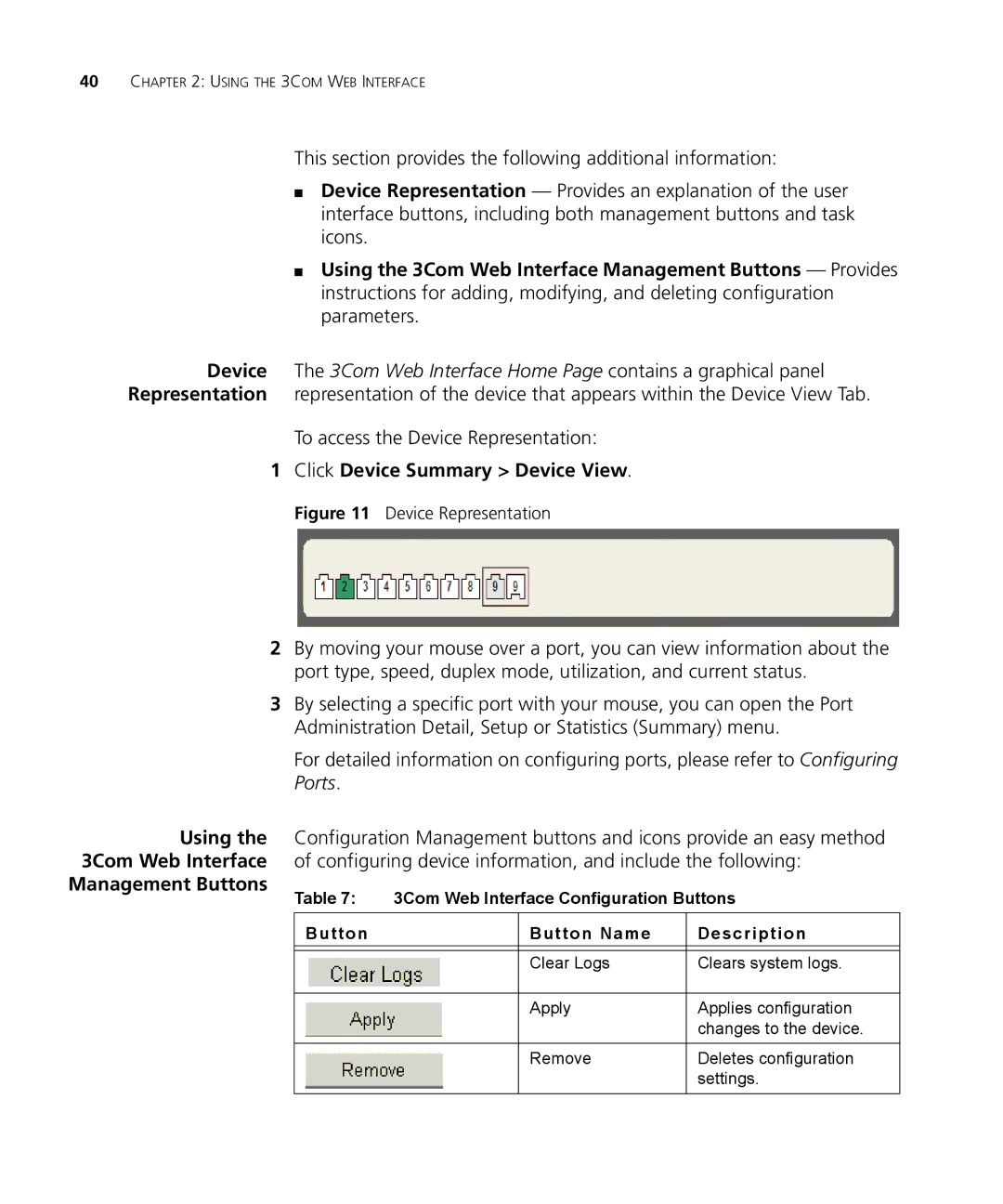 3Com 3CRDSF9PWR manual To access the Device Representation, Click Device Summary Device View, Management Buttons 