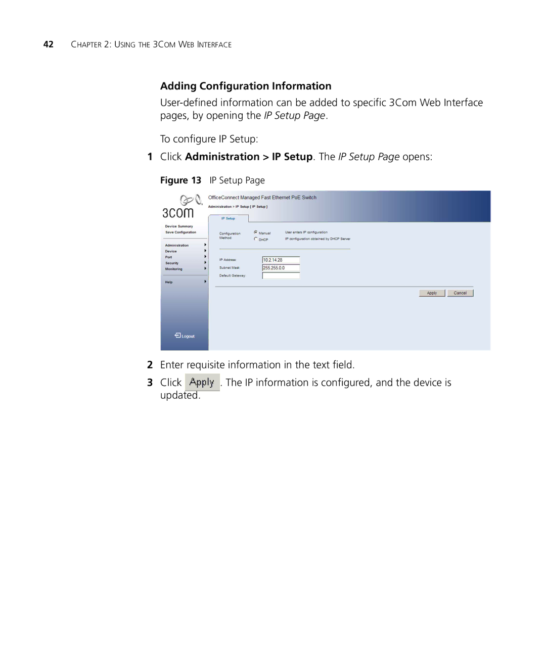 3Com 3CRDSF9PWR manual Click Administration IP Setup. The IP Setup Page opens 