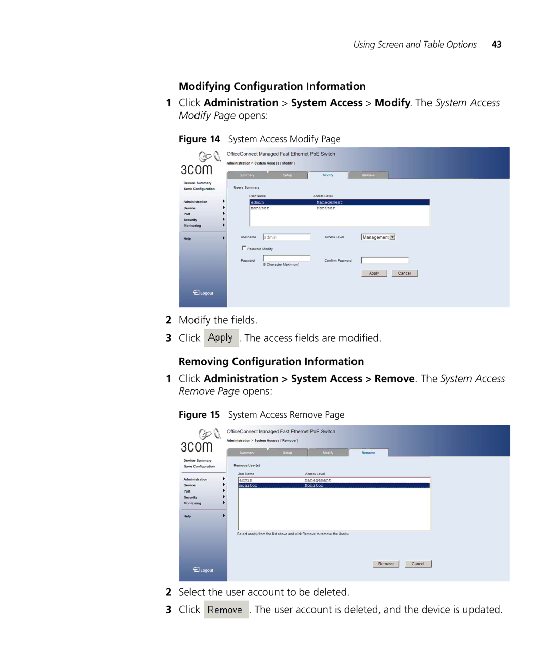 3Com 3CRDSF9PWR manual Modify the fields Click . The access fields are modified, System Access Modify 