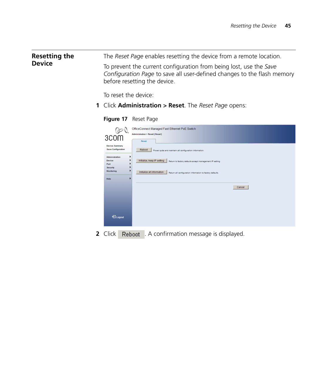 3Com 3CRDSF9PWR manual Resetting the Device, Click Administration Reset. The Reset Page opens 