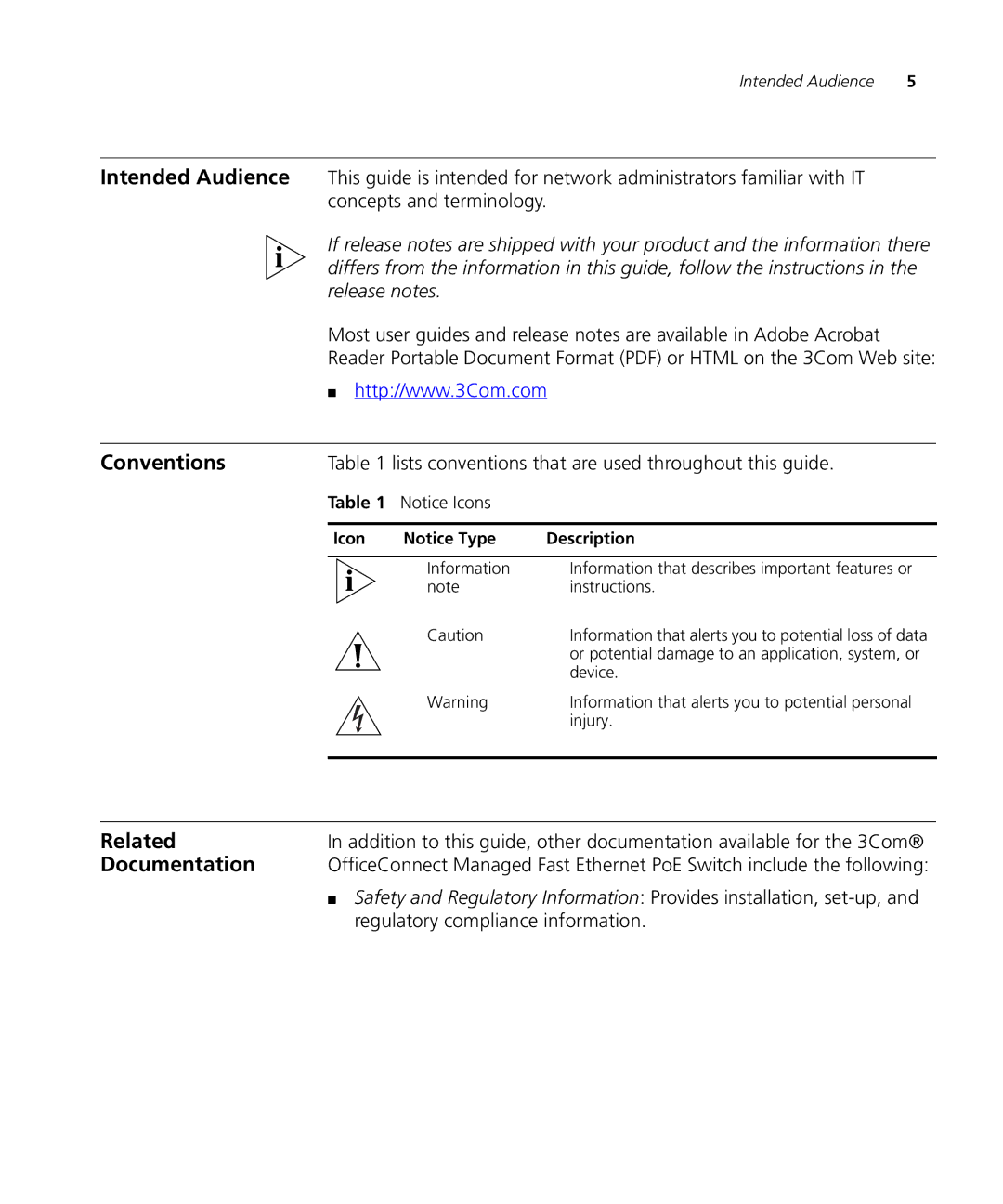 3Com 3CRDSF9PWR manual Conventions, Related, Documentation, Lists conventions that are used throughout this guide 