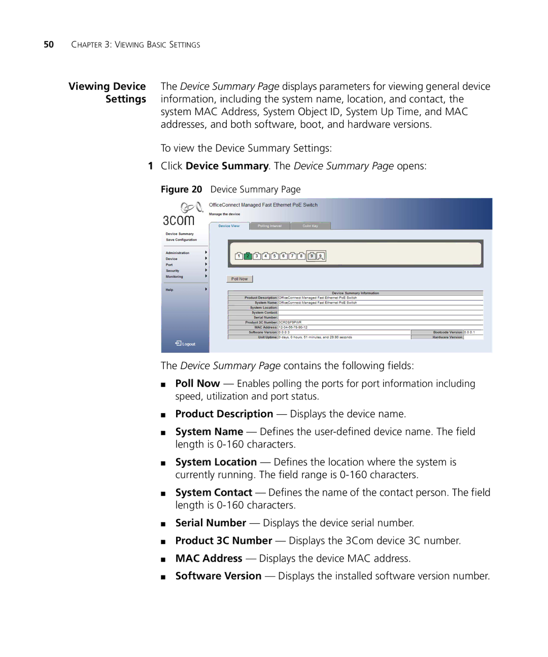 3Com 3CRDSF9PWR manual To view the Device Summary Settings, Device Summary Page contains the following fields 