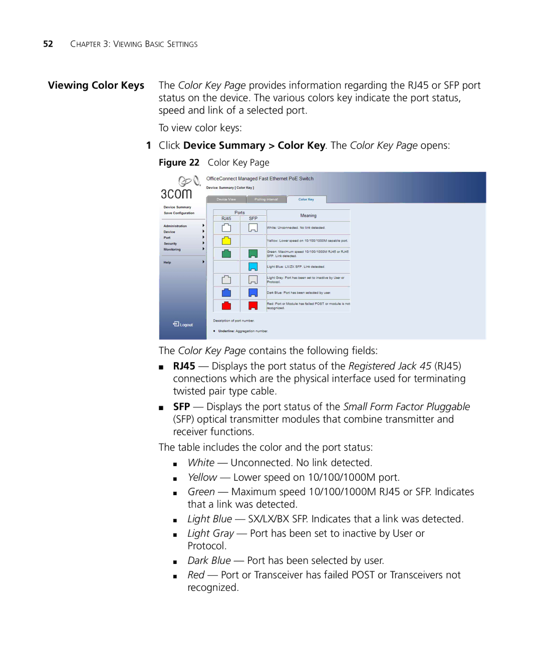 3Com 3CRDSF9PWR manual Click Device Summary Color Key. The Color Key Page opens 