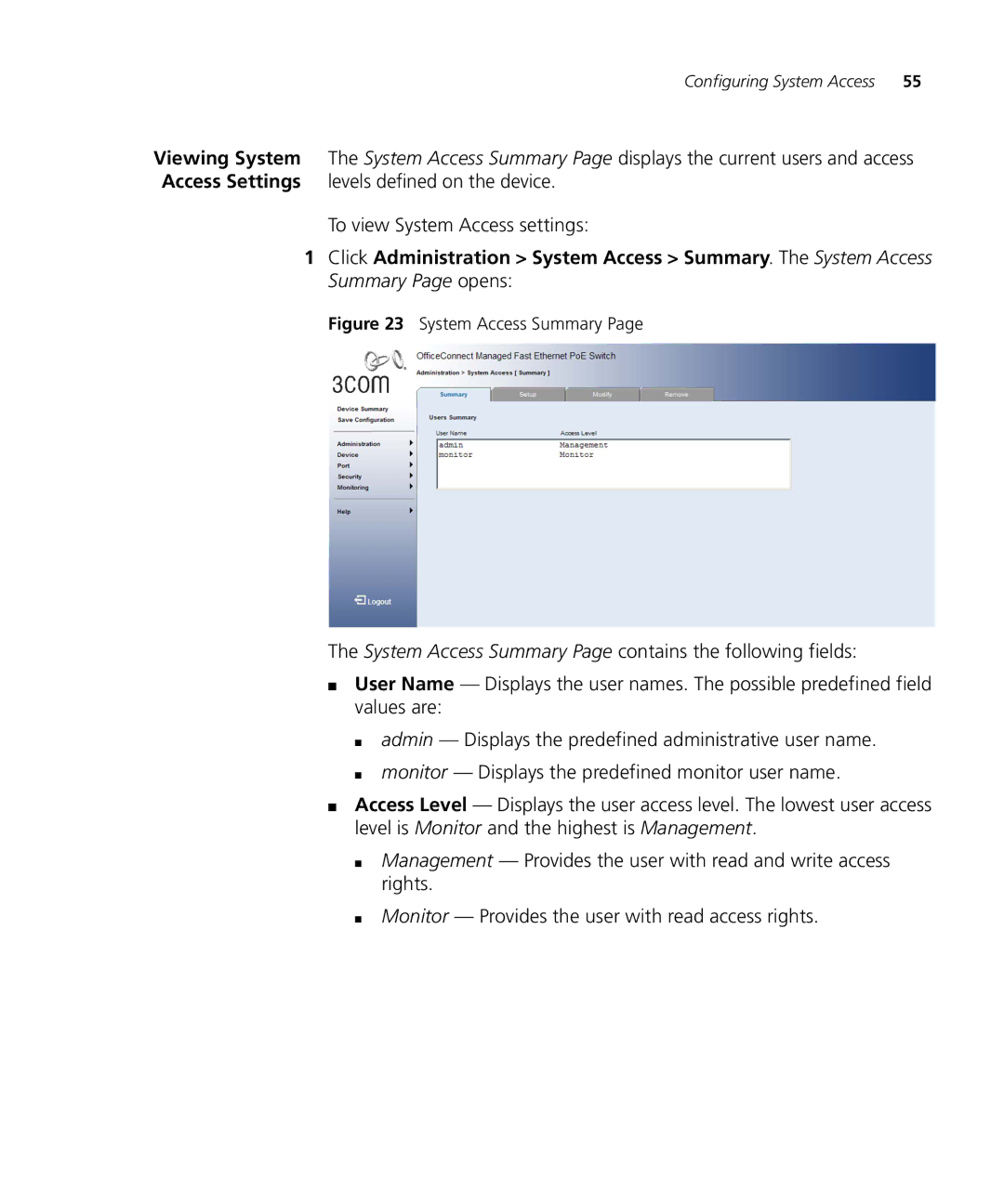 3Com 3CRDSF9PWR manual System Access Summary 