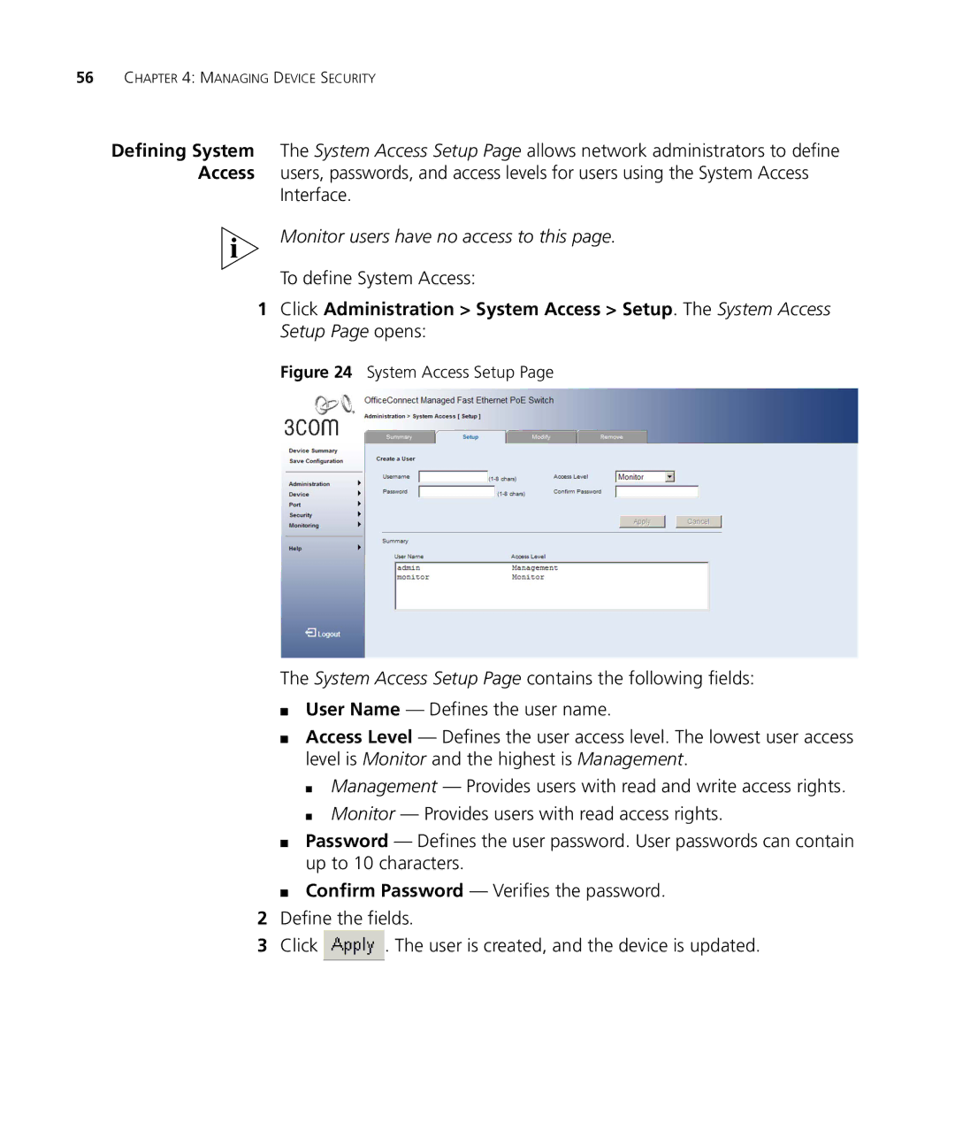 3Com 3CRDSF9PWR manual Interface, To define System Access 