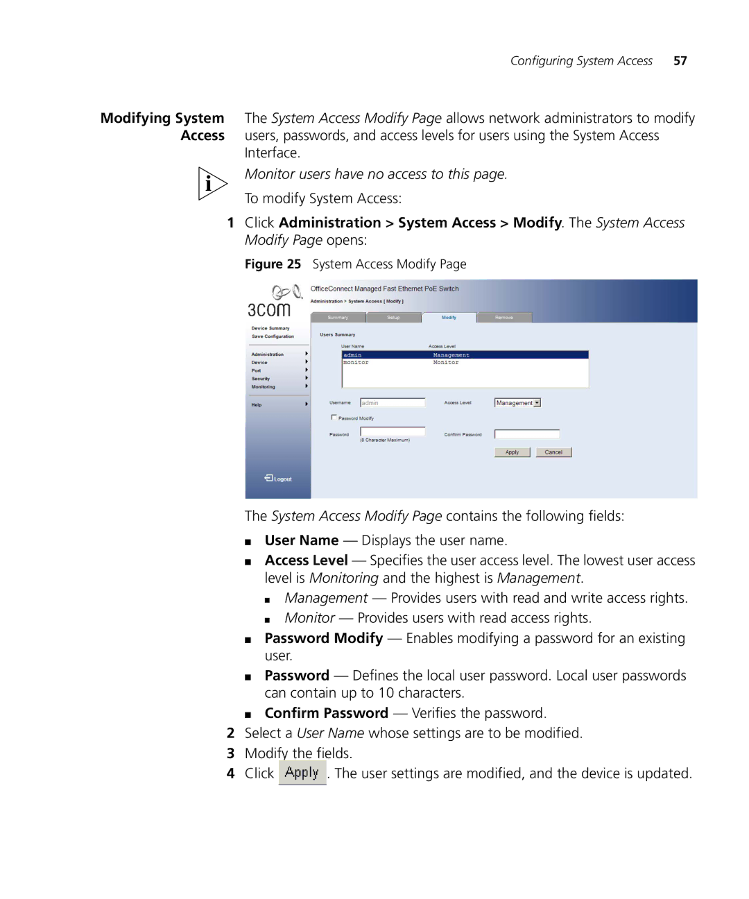 3Com 3CRDSF9PWR manual To modify System Access, System Access Modify 