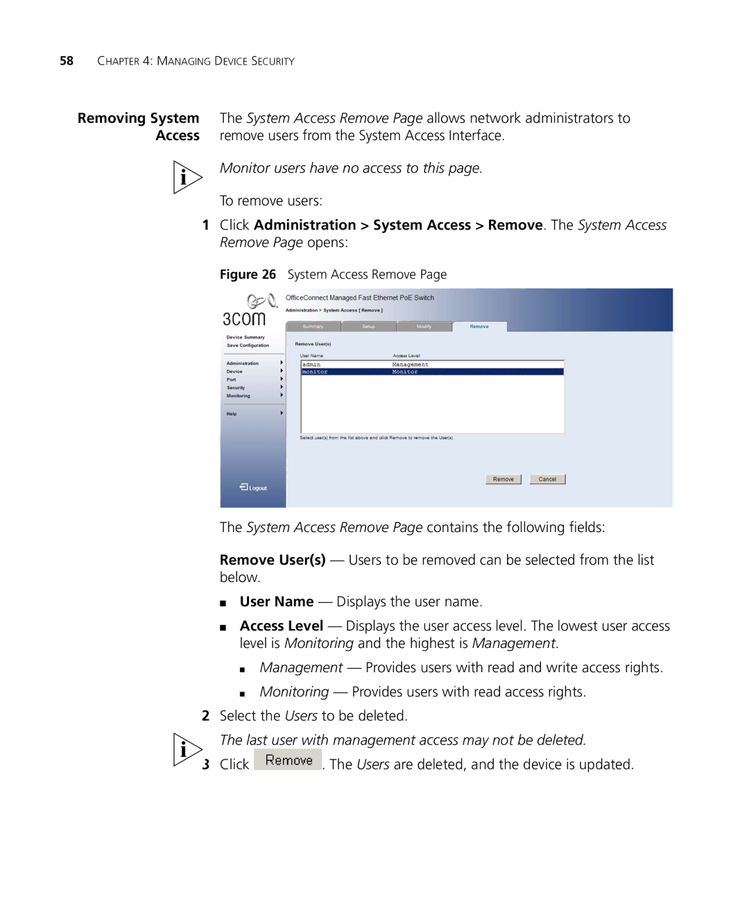 3Com 3CRDSF9PWR manual To remove users, Click . The Users are deleted, and the device is updated 