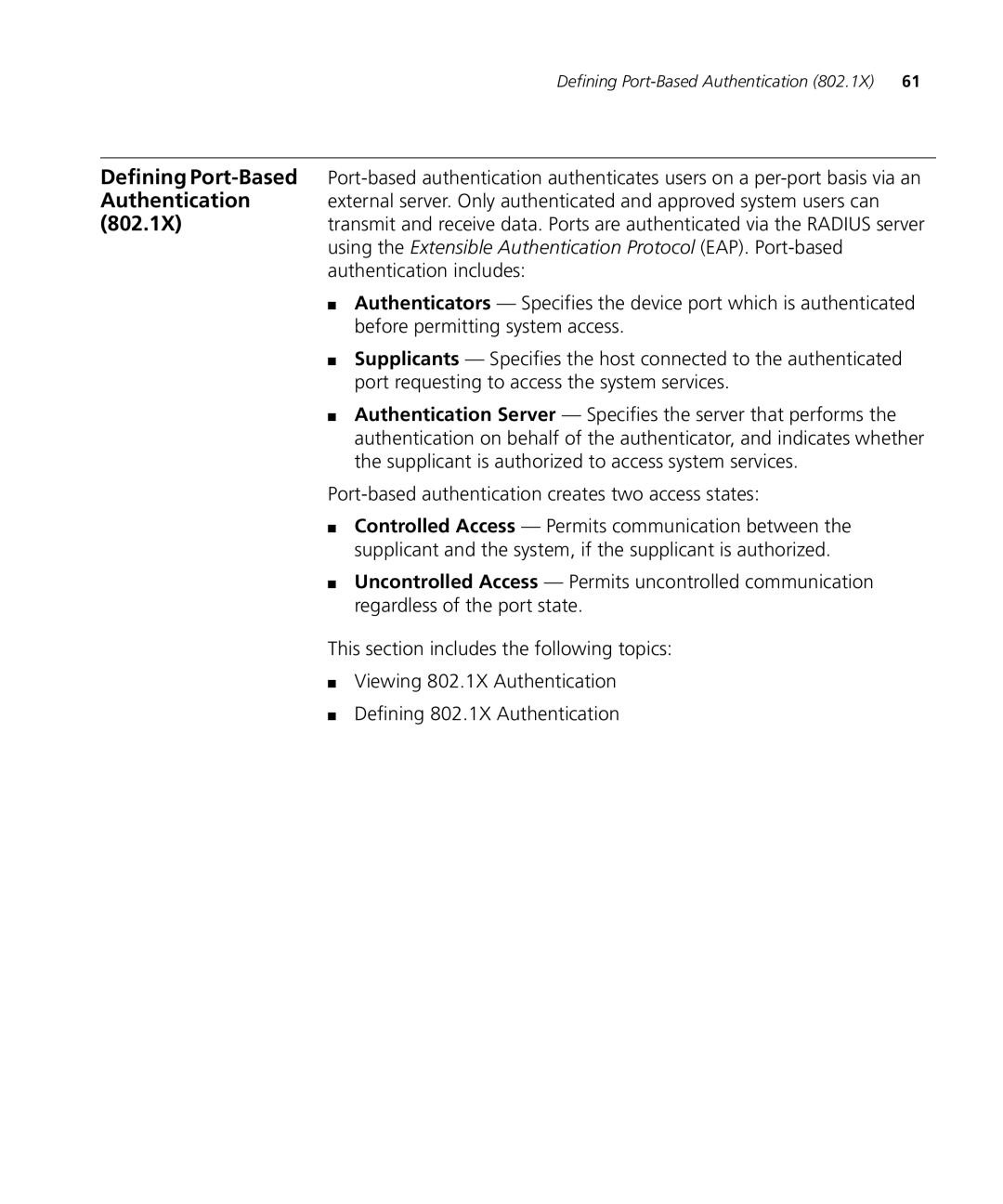 3Com 3CRDSF9PWR manual Defining Port-Based, Authentication, 802.1X 