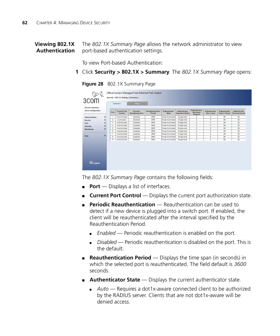 3Com 3CRDSF9PWR manual Click Security 802.1X Summary. The 802.1X Summary Page opens 