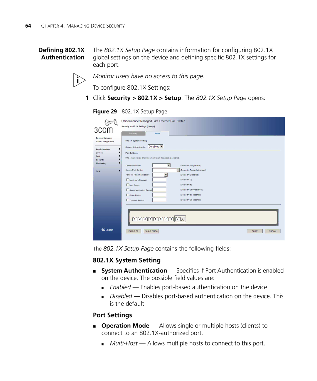 3Com 3CRDSF9PWR manual 802.1X System Setting, Port Settings, Click Security 802.1X Setup. The 802.1X Setup Page opens 