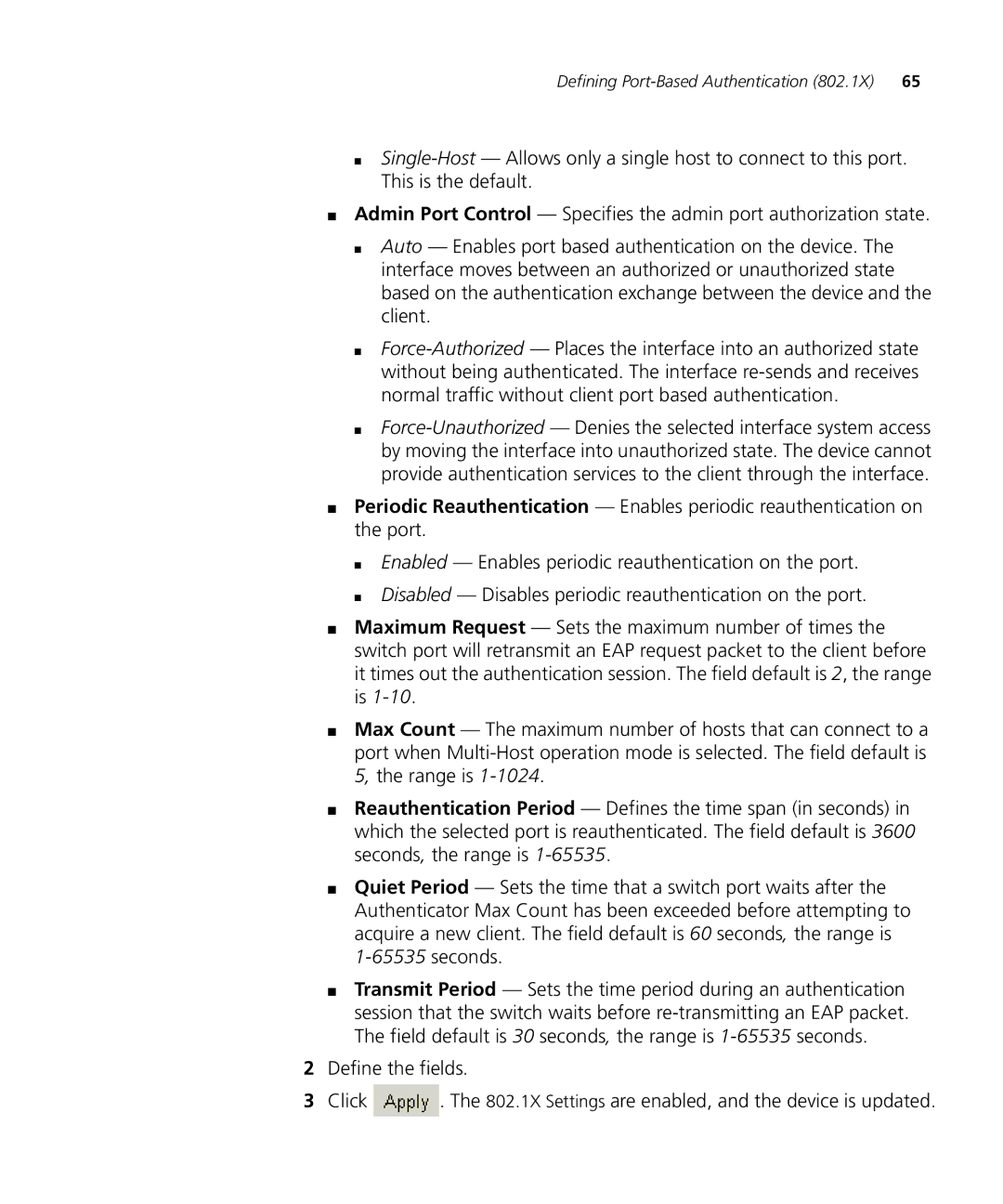 3Com 3CRDSF9PWR manual Defining Port-Based Authentication 