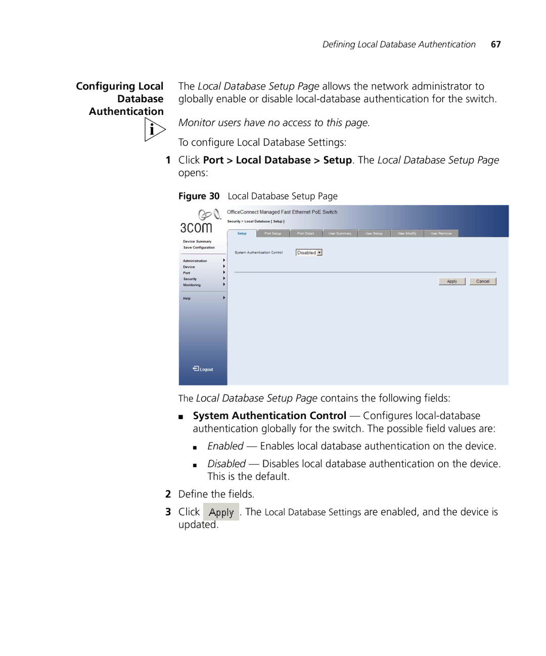 3Com 3CRDSF9PWR manual Authentication, To configure Local Database Settings 