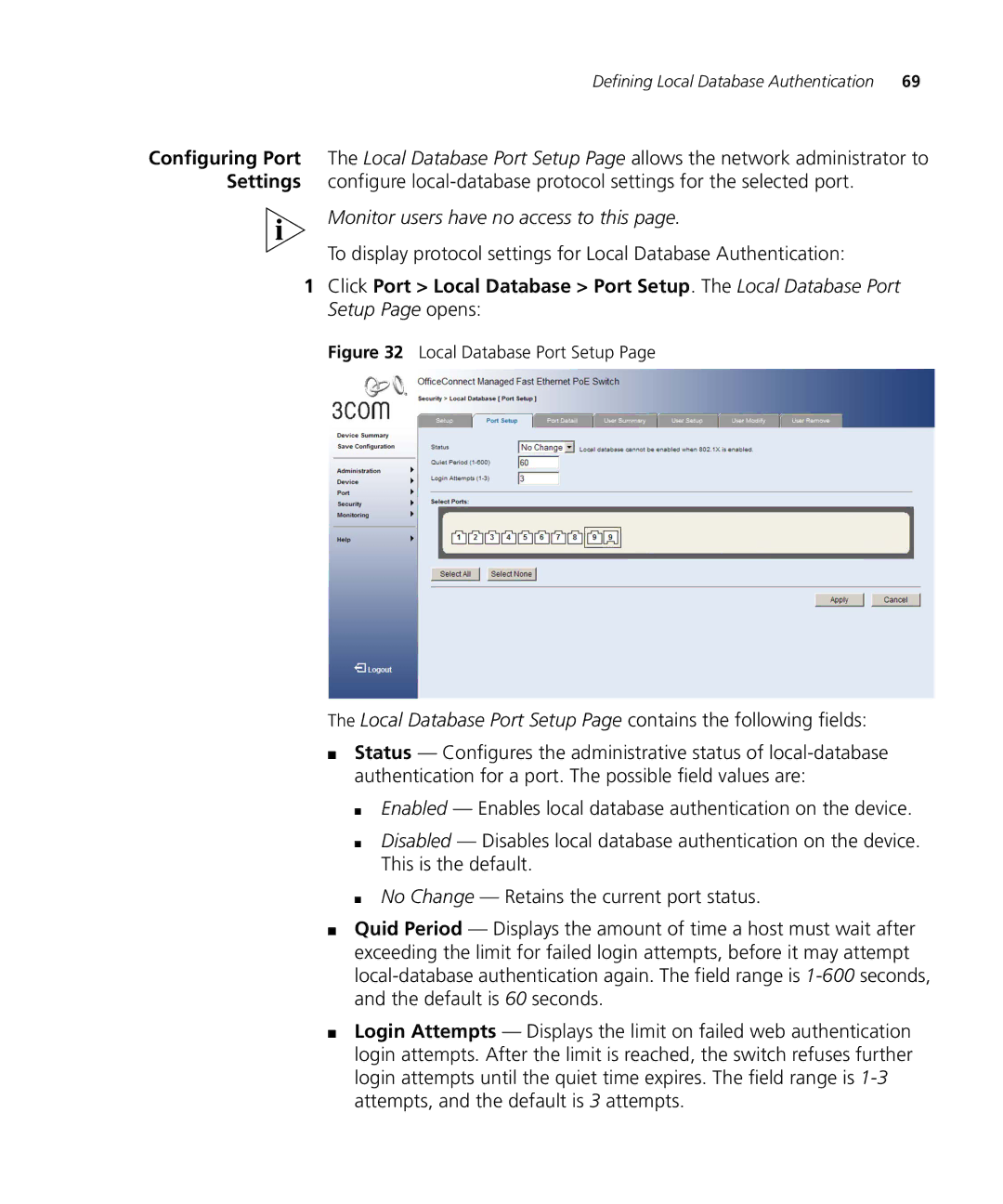 3Com 3CRDSF9PWR manual Local Database Port Setup Page contains the following fields 