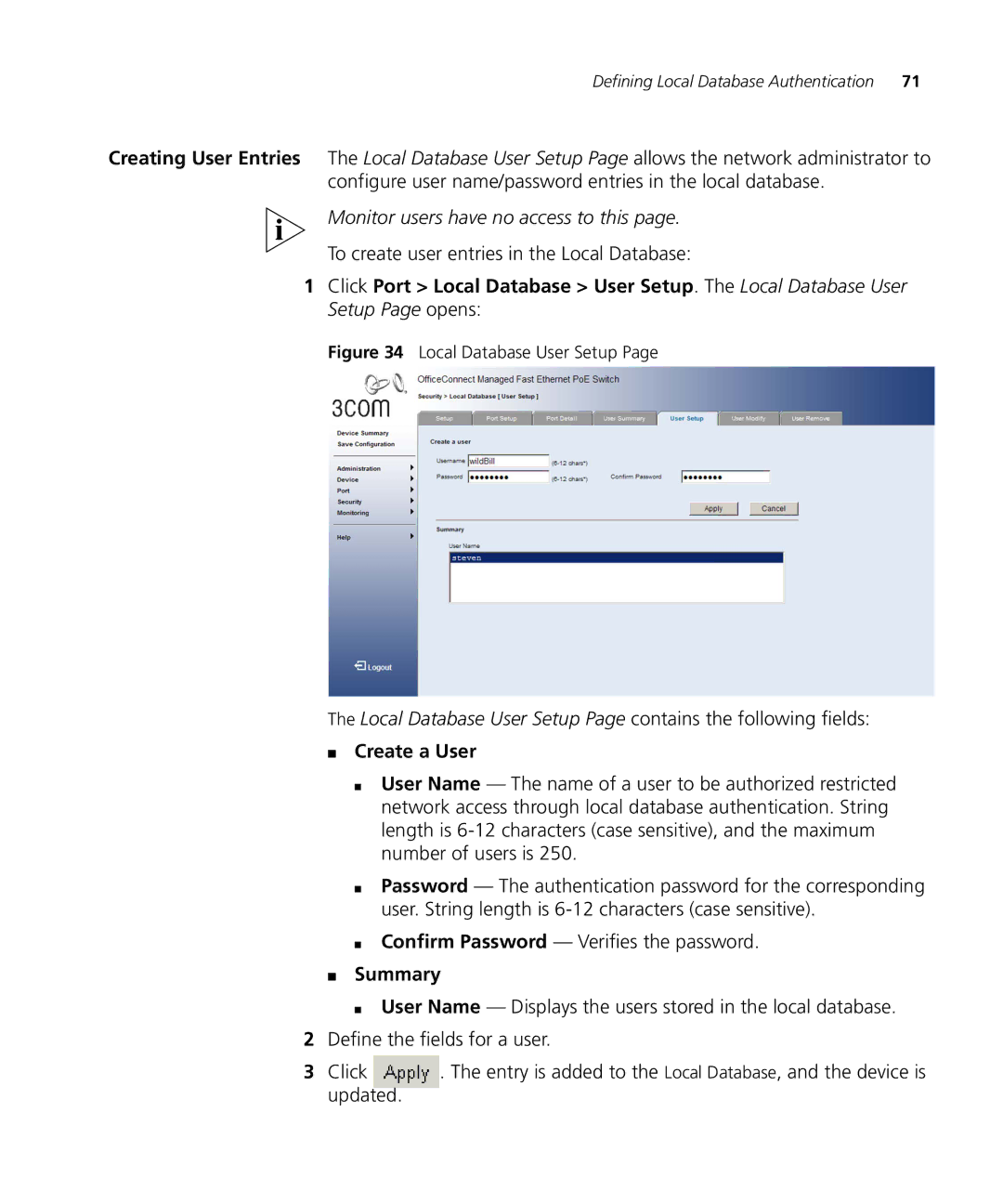 3Com 3CRDSF9PWR manual To create user entries in the Local Database, Create a User, Summary 