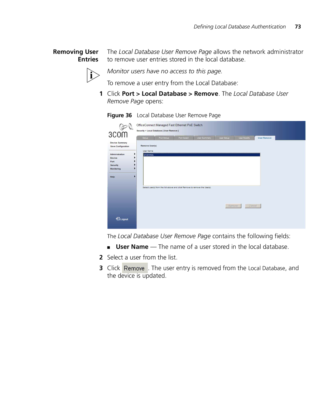 3Com 3CRDSF9PWR manual To remove a user entry from the Local Database, Local Database User Remove 