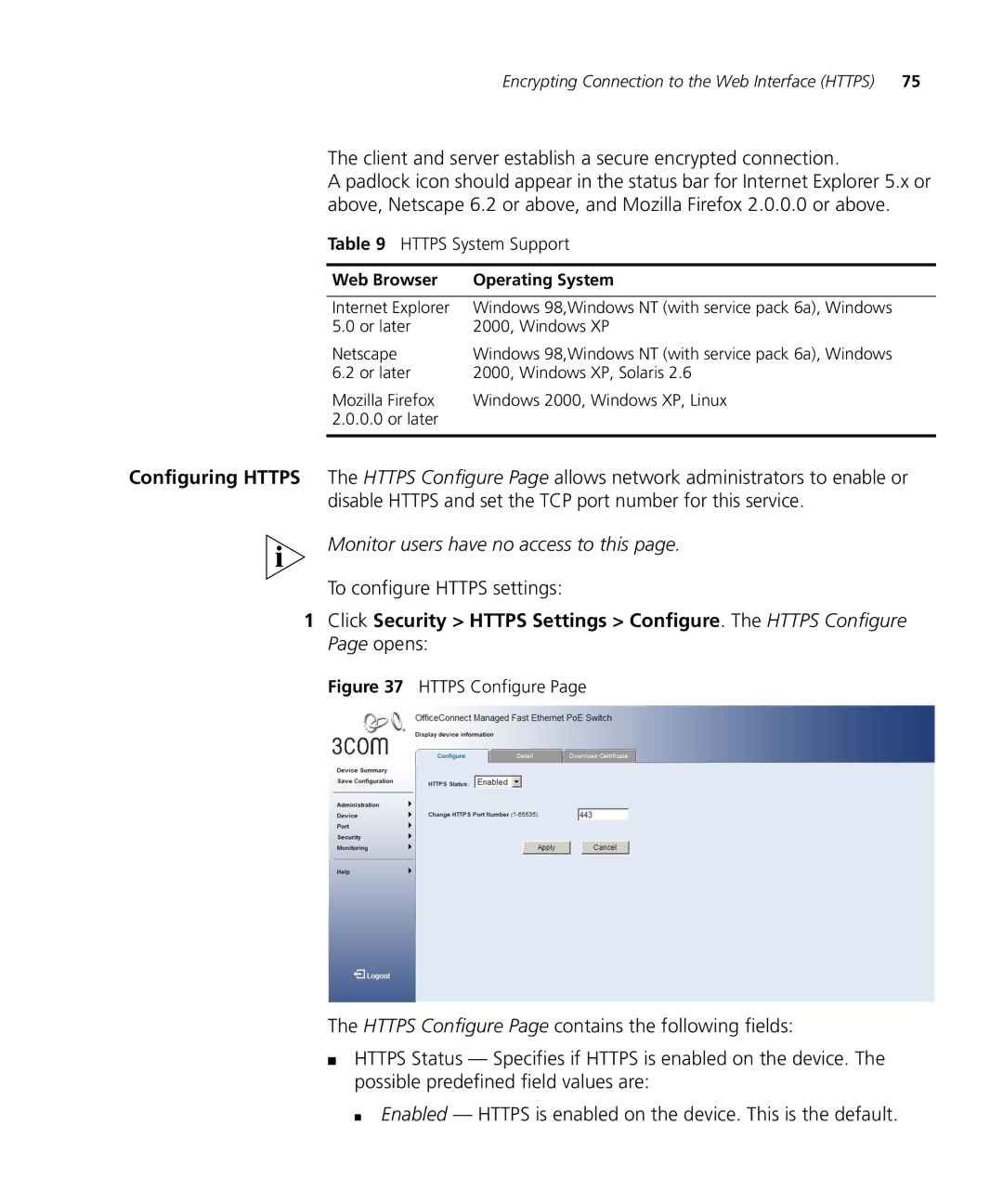 3Com 3CRDSF9PWR manual Client and server establish a secure encrypted connection, To configure Https settings 