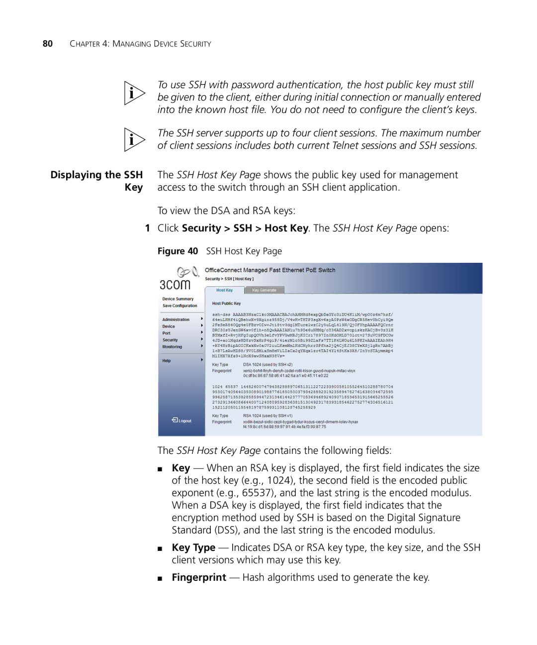 3Com 3CRDSF9PWR manual To view the DSA and RSA keys, Click Security SSH Host Key. The SSH Host Key Page opens 