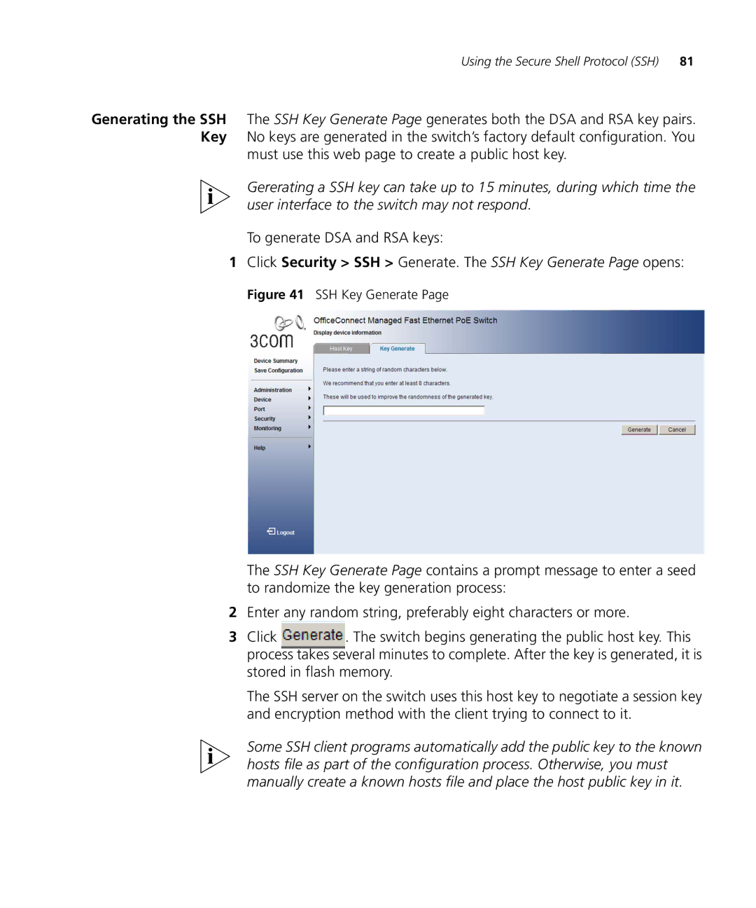 3Com 3CRDSF9PWR manual Must use this web page to create a public host key, SSH Key Generate 