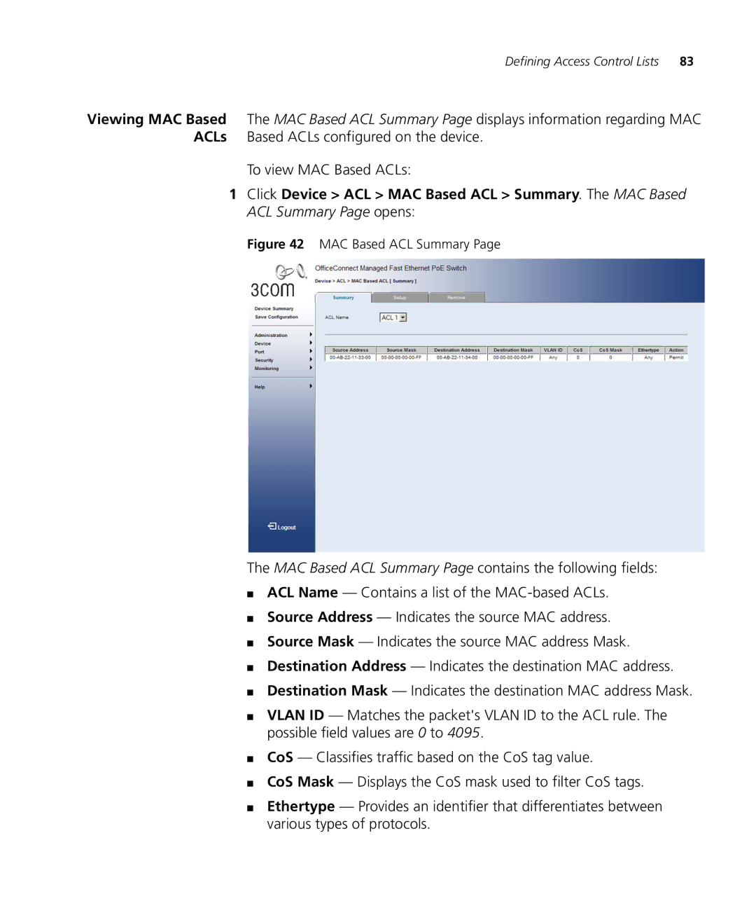 3Com 3CRDSF9PWR manual MAC Based ACL Summary 