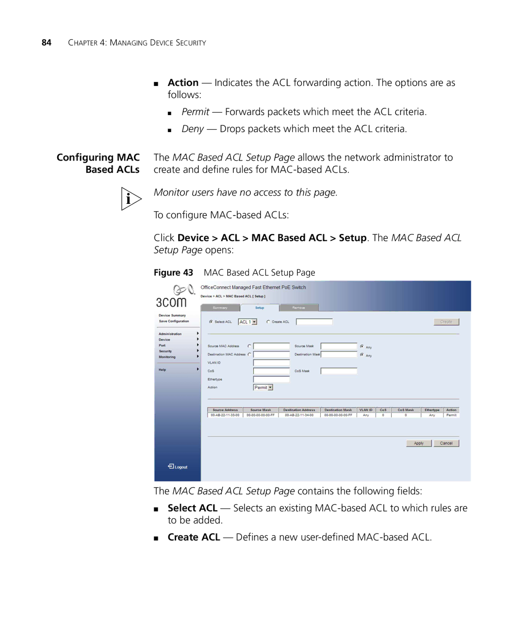 3Com 3CRDSF9PWR manual To configure MAC-based ACLs, Click Device ACL MAC Based ACL Setup. The MAC Based ACL 