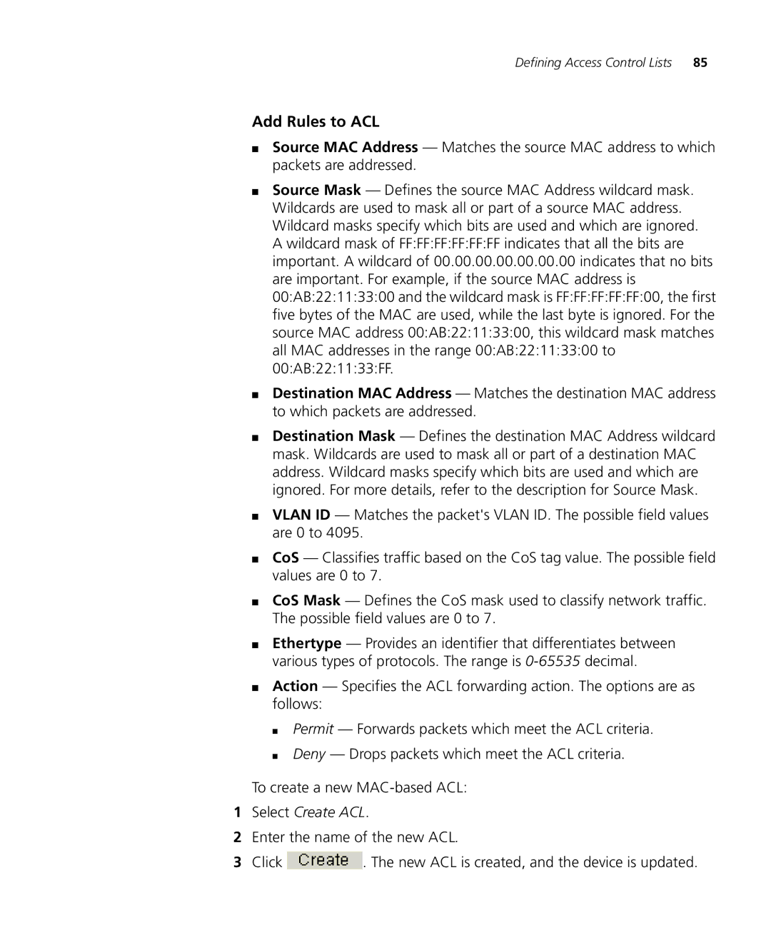 3Com 3CRDSF9PWR manual Add Rules to ACL, Select Create ACL 