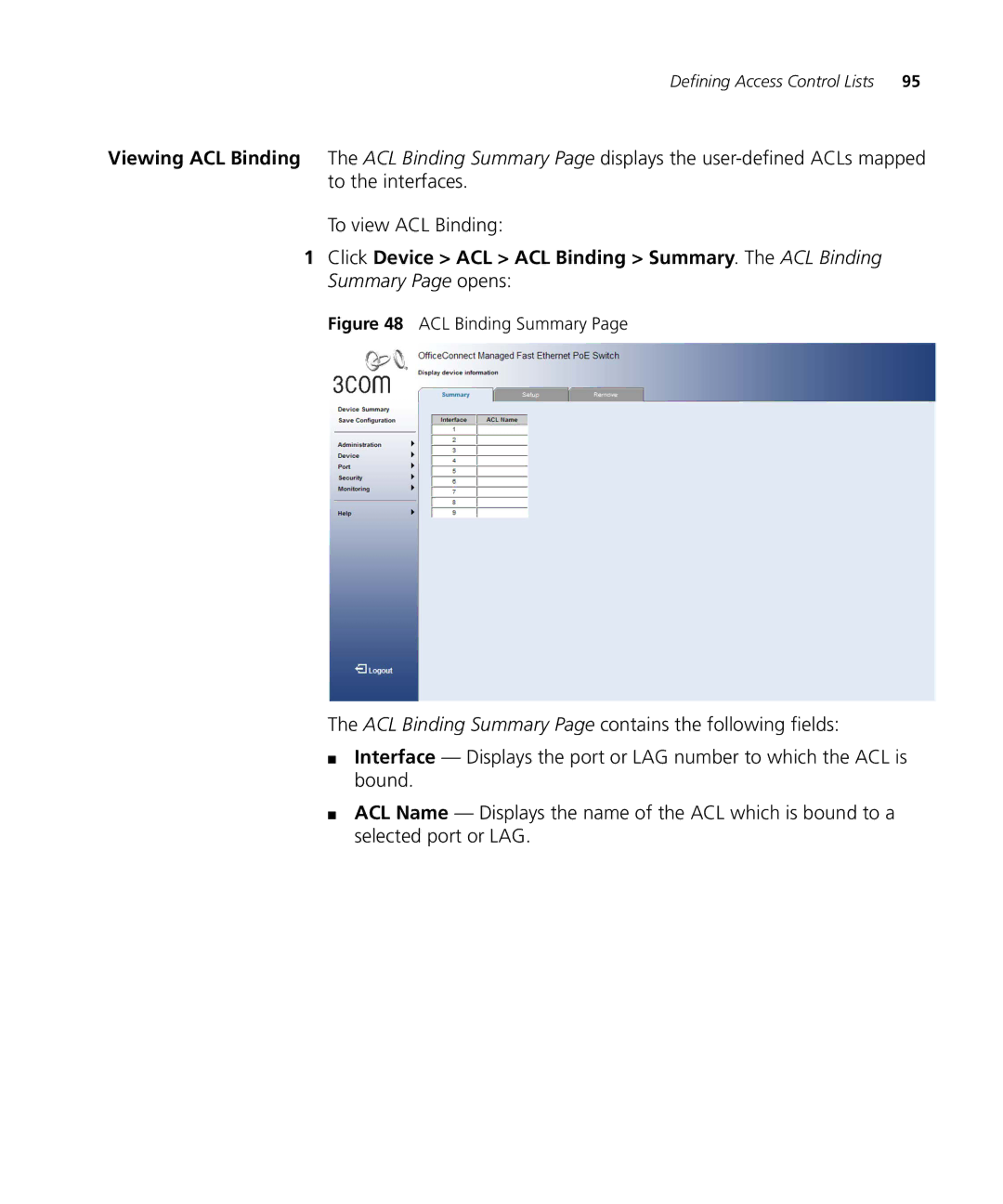 3Com 3CRDSF9PWR manual ACL Binding Summary 