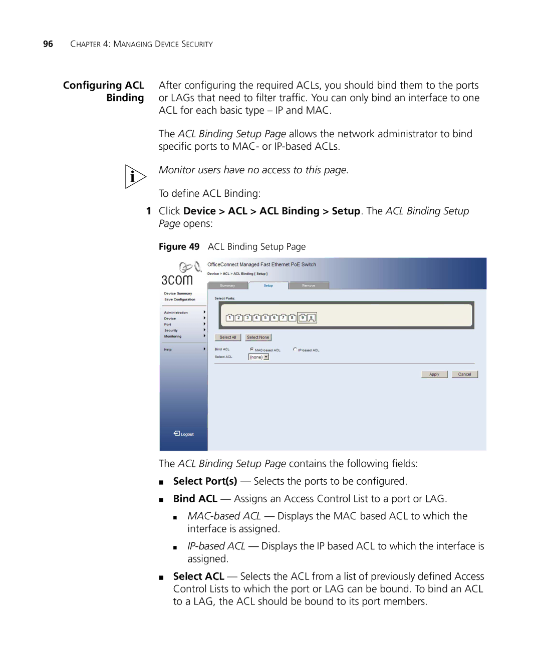 3Com 3CRDSF9PWR manual To define ACL Binding, ACL Binding Setup 