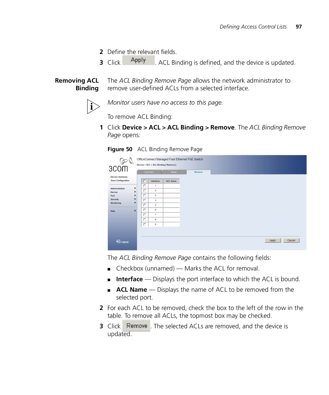 3Com 3CRDSF9PWR manual To remove ACL Binding, ACL Binding Remove 