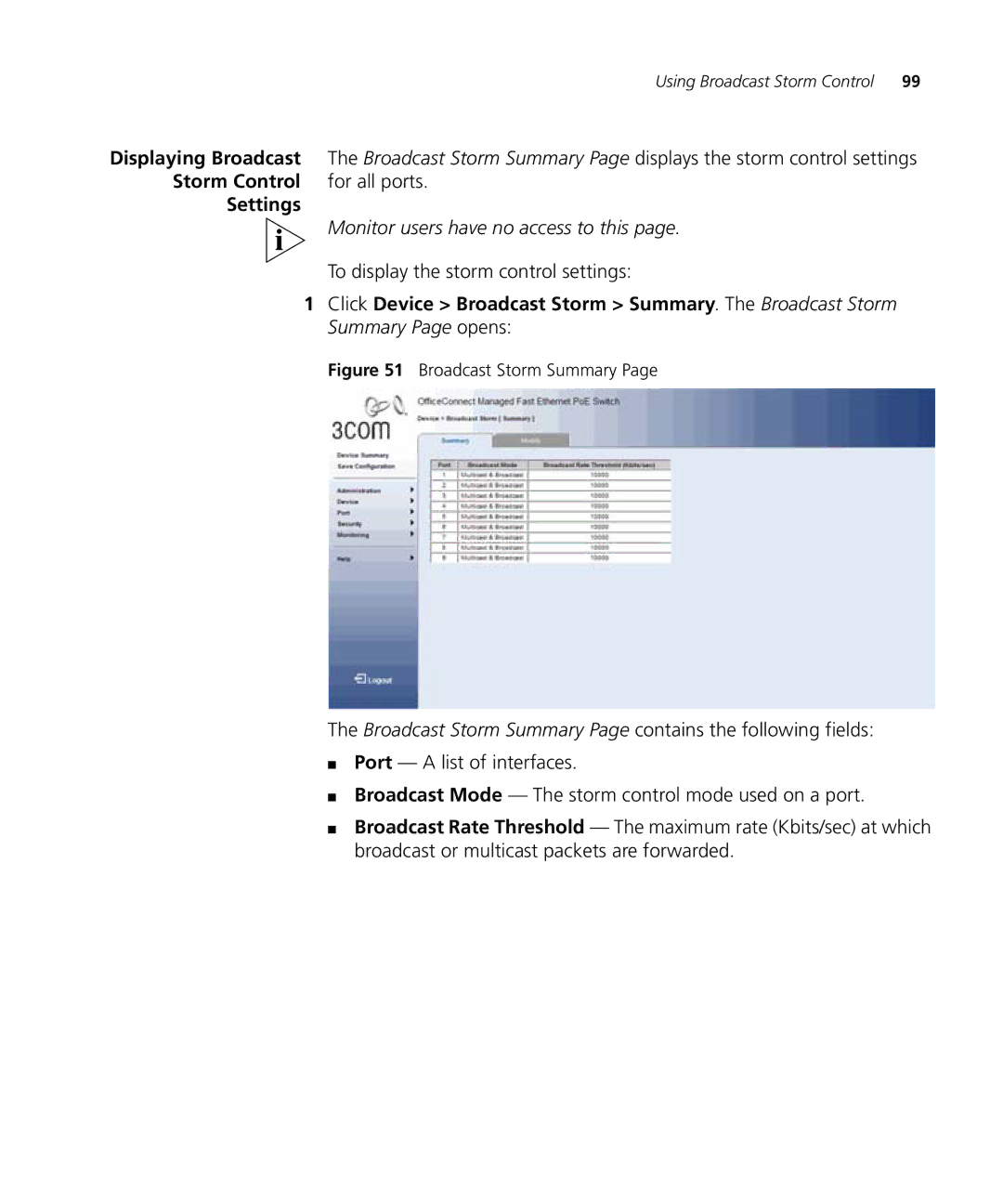 3Com 3CRDSF9PWR manual Storm Control, For all ports, Settings, To display the storm control settings 