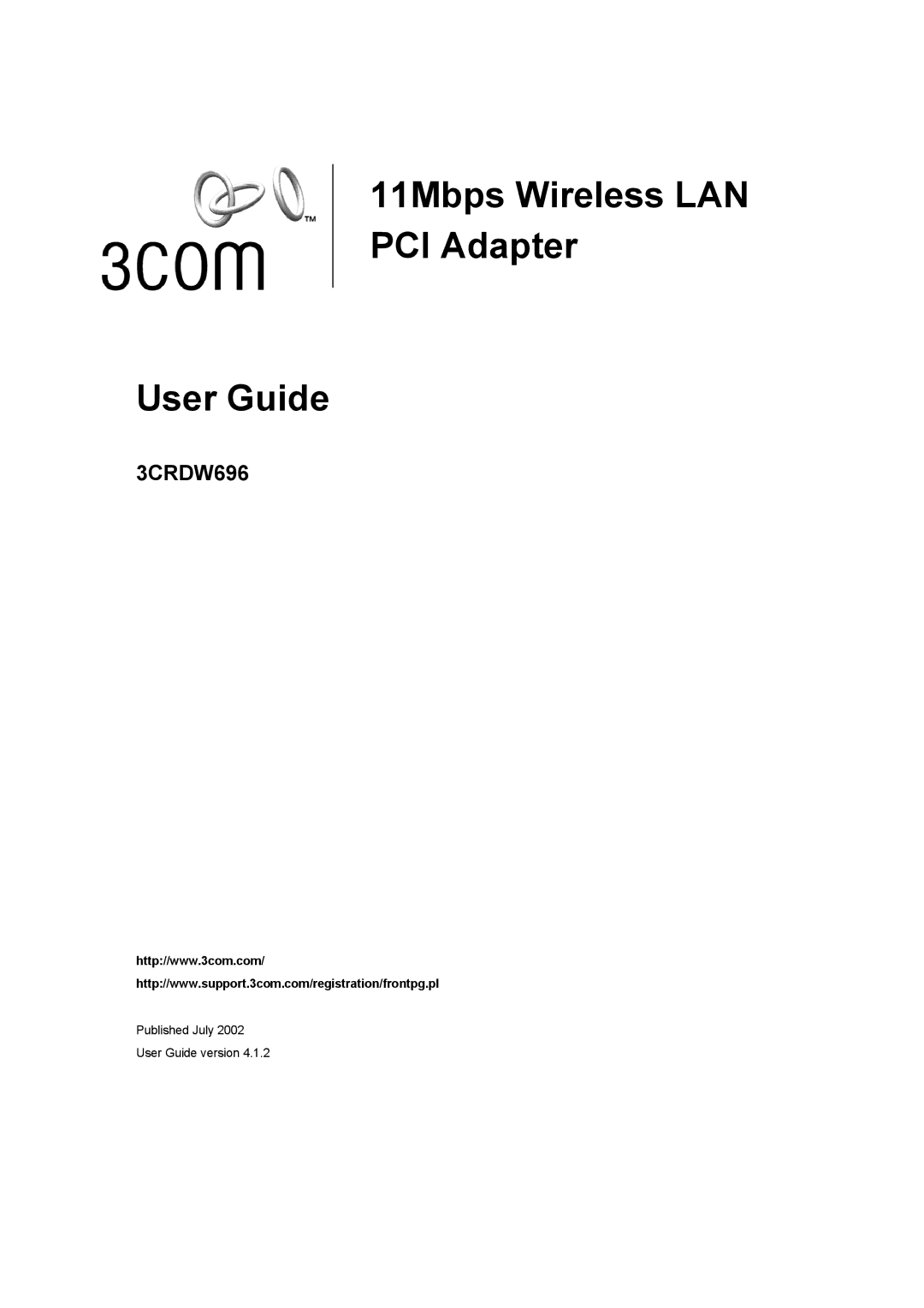 3Com 3CRDW696 manual 11Mbps Wireless LAN PCI Adapter User Guide 