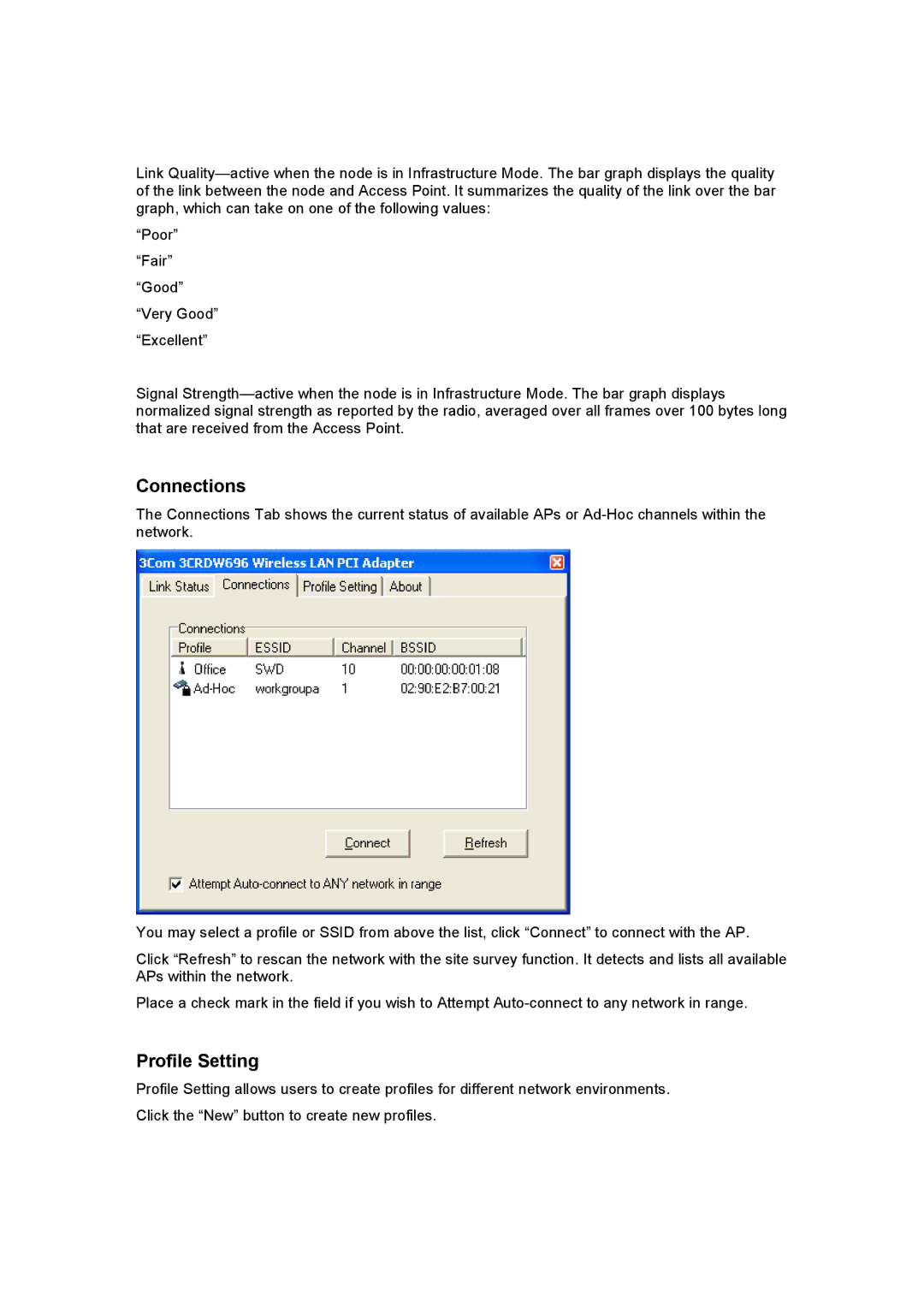 3Com 3CRDW696 manual Connections, Profile Setting 