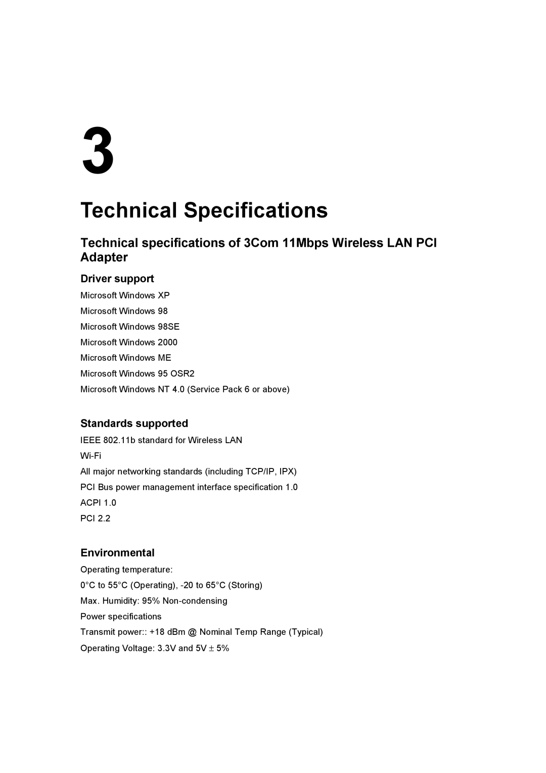 3Com 3CRDW696 manual Technical Specifications, Driver support, Standards supported, Environmental 