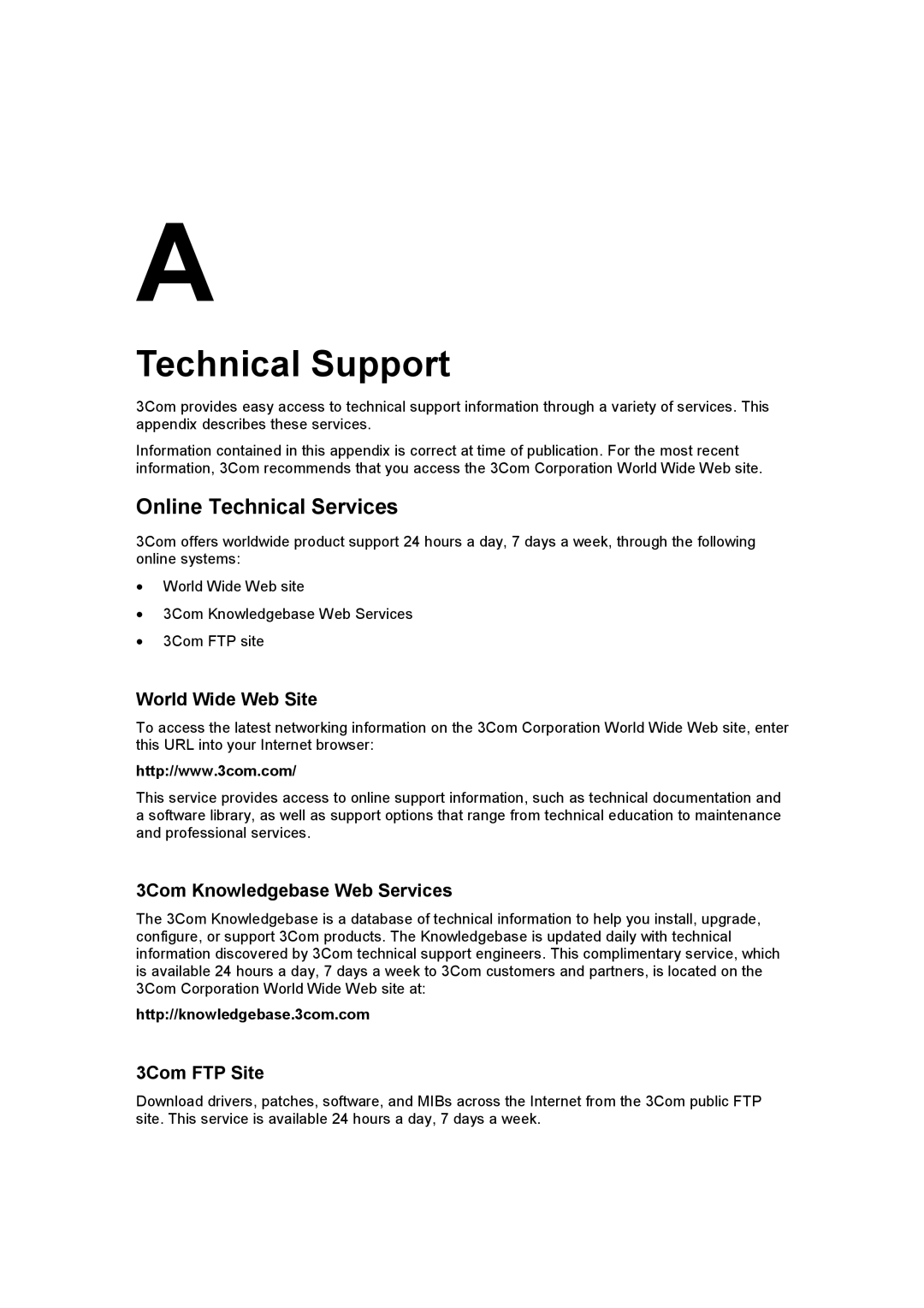 3Com 3CRDW696 manual Technical Support, Online Technical Services, World Wide Web Site, 3Com Knowledgebase Web Services 