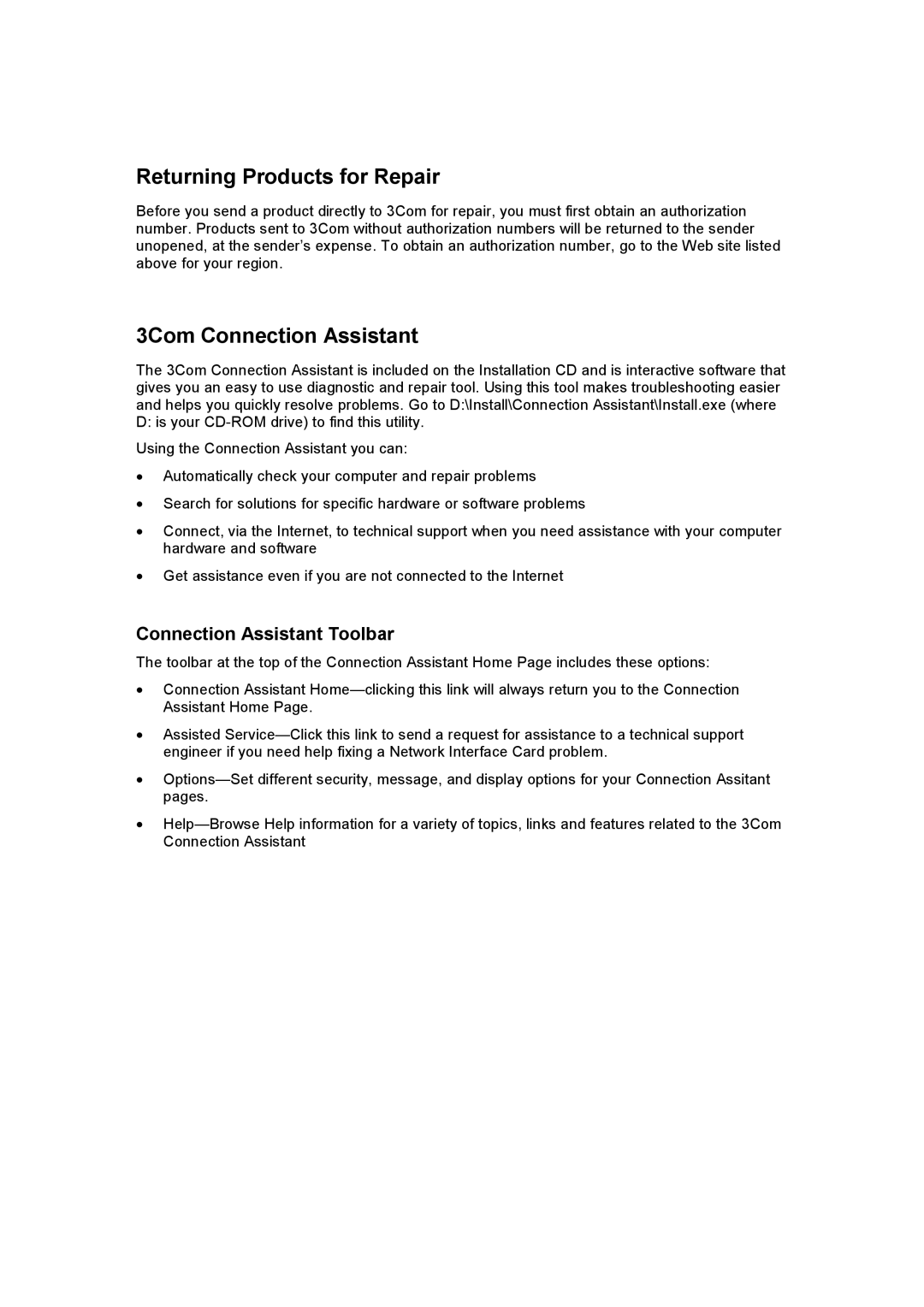 3Com 3CRDW696 manual Returning Products for Repair, 3Com Connection Assistant, Connection Assistant Toolbar 