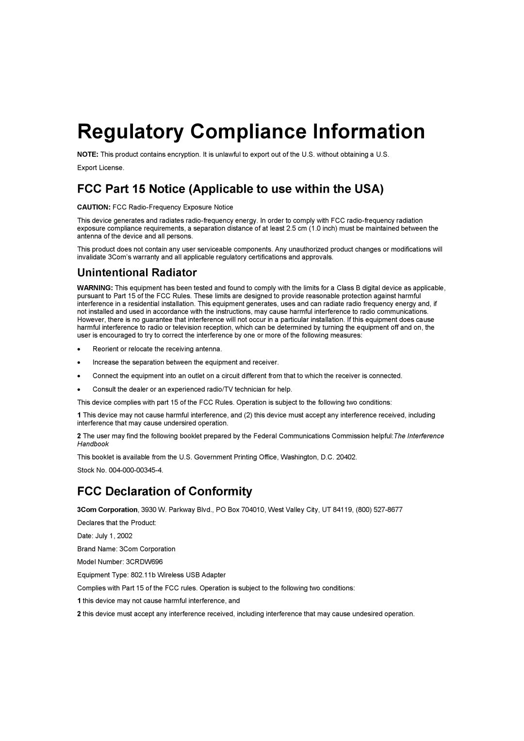 3Com 3CRDW696 manual Regulatory Compliance Information, FCC Part 15 Notice Applicable to use within the USA 