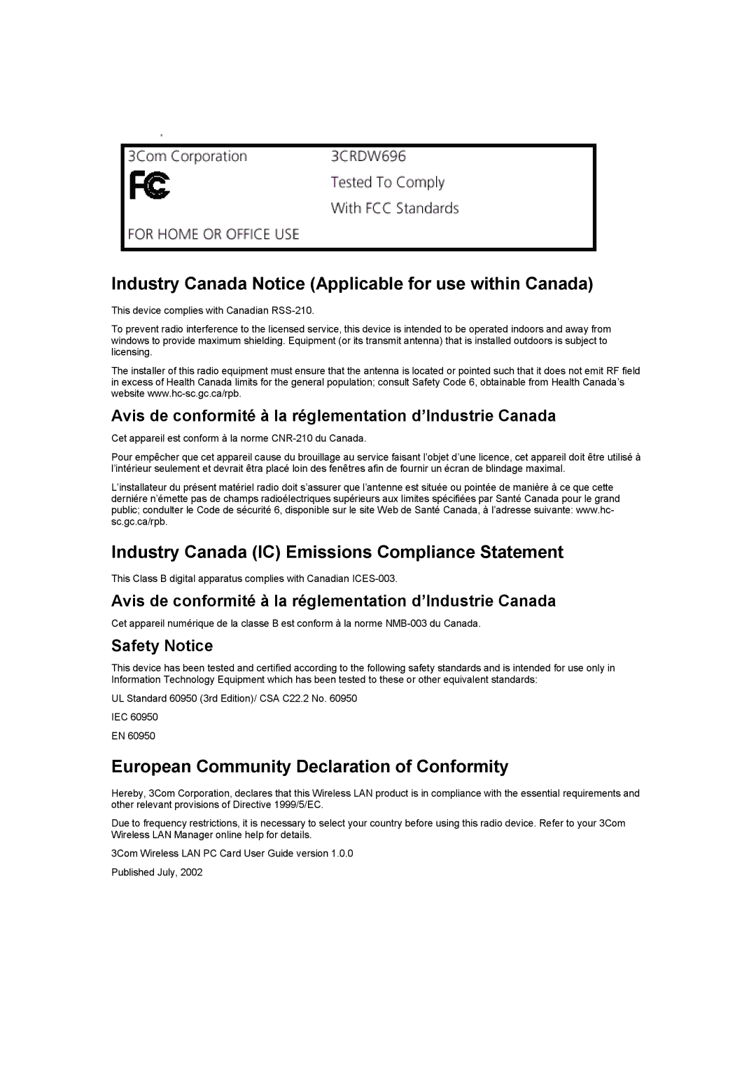 3Com 3CRDW696 Industry Canada Notice Applicable for use within Canada, Industry Canada IC Emissions Compliance Statement 