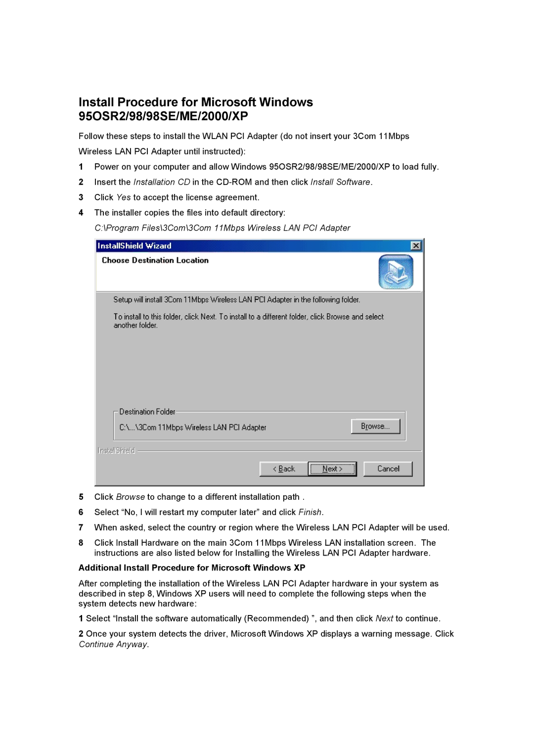 3Com 3CRDW696 manual Additional Install Procedure for Microsoft Windows XP 