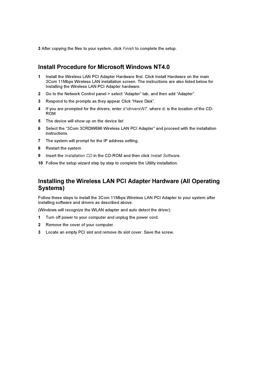 3Com 3CRDW696 manual Install Procedure for Microsoft Windows NT4.0, Rom 